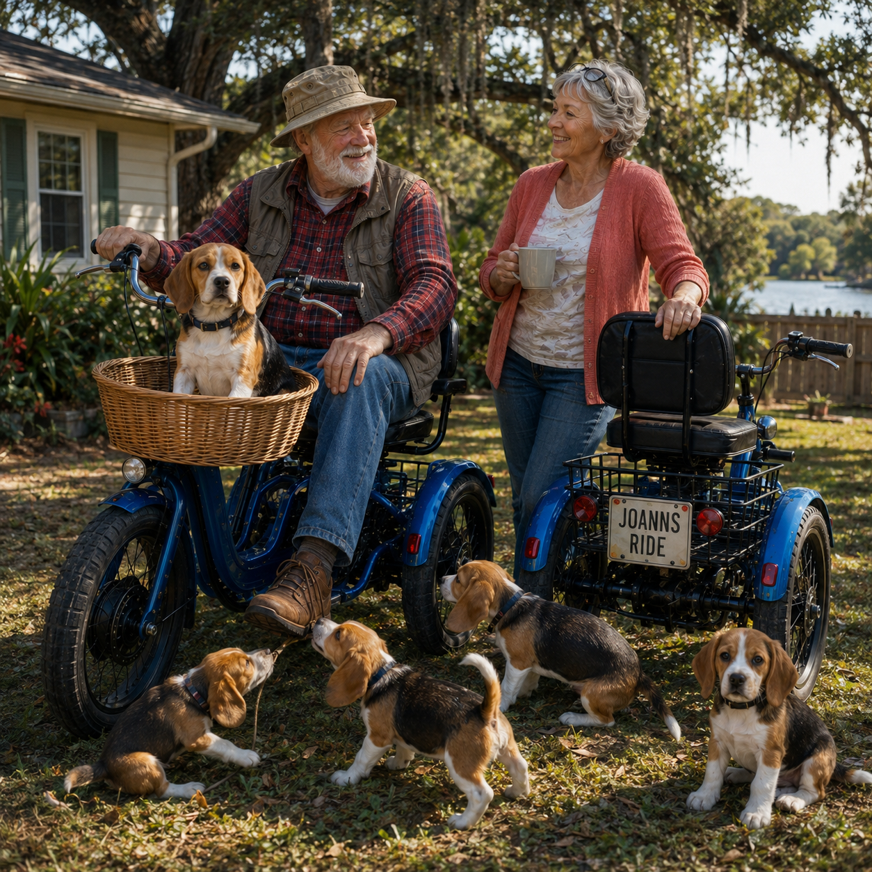 Corky and Joann with their etrikes and beagles — JOANNS RIDE plate visible