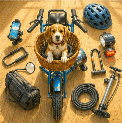 Beagle in basket surrounded by ebike accessories