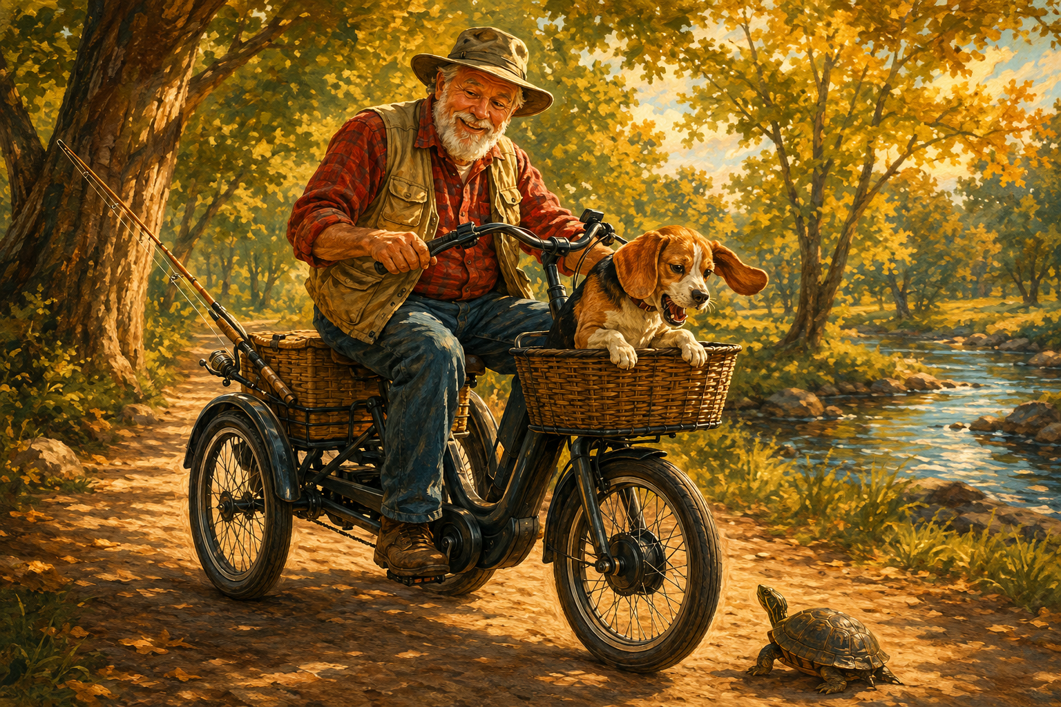 Rider on etrike with beagle in basket on a woodland trail
