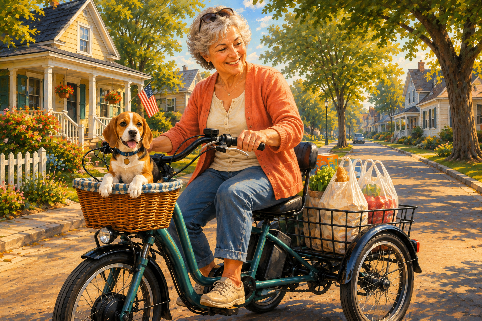 Woman happily riding an etrike through a neighborhood with her beagle